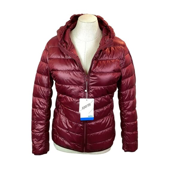 Zity Sports Hooded Womens Large Ultra-Light Down Puffer Jacket Burgundy Nylon - Picture 7 of 13